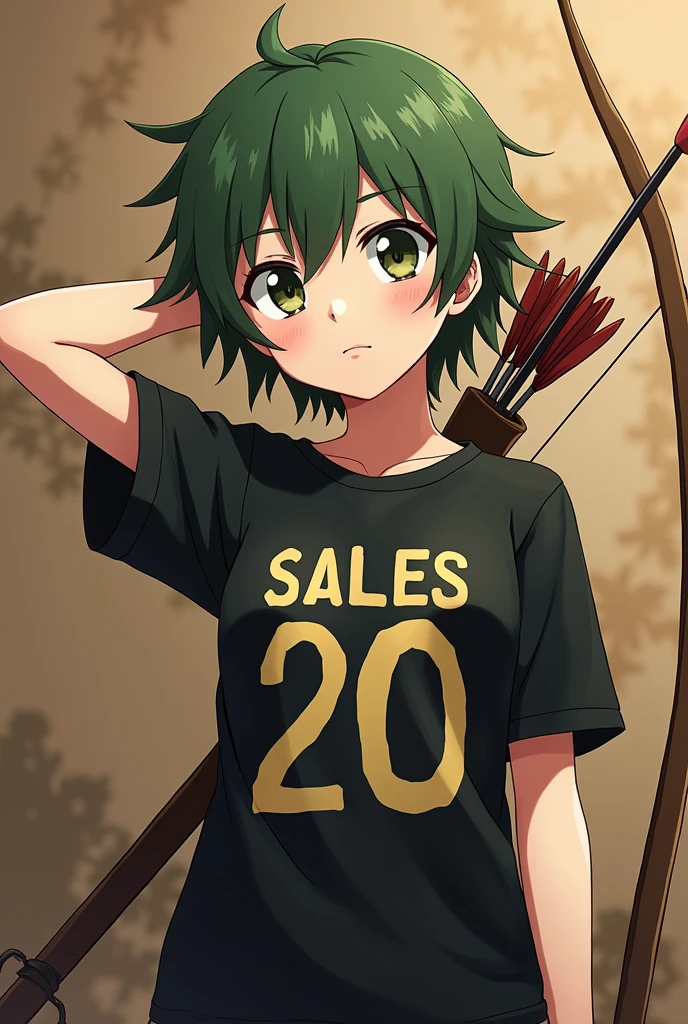 Anime theme, brown color, green military-style hair, black shirt with the name SALES 20 in capital letters and a hunter-style bow and arrow