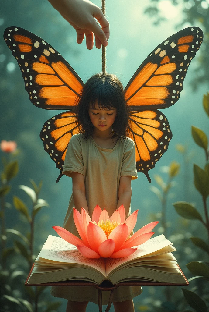 "Create an image of a poor with butterfly wings who desires to fly high. Her feet are tied by a rope, with the other end held by an unidentified hand that resembles money. Although the hand gestures as if encouraging her to fly freely, it does not release the rope, preventing her from soaring. The girl aims to reach a flower shaped like a book in front of her. The image should highlight the contrast between her vibrant wings and the restrictive rope, capturing her struggle to achieve her aspiration."