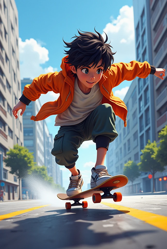Create an image of the character dewenho mun-ha riding a skateboard