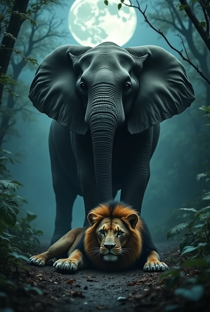In a moonlit jungle, a lion lies dead on the ground. An elephant has both of its front paws on top of the lion, and both faces are facing forward.