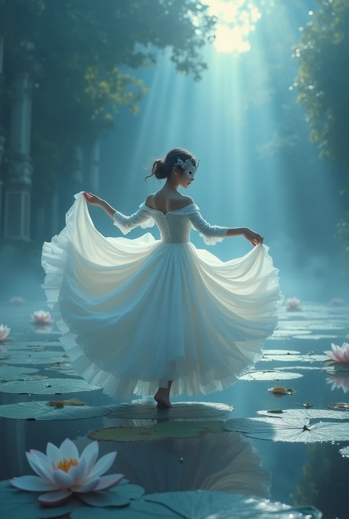 Best quality,4K,8 thousand.,a high resolution,masterpiece:1.2,Ultra detailed,realistic,photorealistic:1.37,portraits,illustrations,oil painting,rich colors,bright colors,soft lighting,detailed textures,long eyelashes,Lively eyes,detailed lips,mixed ethnicity girl,pretty haircut,wearing a masquerade a mask,flowy dress,dancing gracefully in a Venetian garden,when the moon shines on it,sparkling stars in the sky,romantic atmosphere,enchanted garden,fragrant flowers,Whispering Trees,pond with peaceful reflection,gentle breeze, sea,Quiet atmosphere,An extravagant theme,elegant pose,narrative composition,Majestic Columns,decorative a masks,hidden identities,fairytale setting,Night scene of magic,Mysterious charm,unearthly beauty,Artistic image. a mask,Close-up of a masked man, dreamy gothic girl, fire render, Beauty girl. ((full length, untouched graceful figure, nice legs, fast dance pose, brunette, beautiful face with expressive eyes, light white tones, fluffy skirt made of white lotus petals, Esbian Full Body, White background, daylight , light effect, minimalist, Sun, pure tenderness, soft lighting, Realism, woman, who dances on a giant petal of a white lotus flower(thin petals, soft veil, full background of flowing transparent blue petals, hovering flower one in hand - long stem above head, huge giant lotus flower, over her head, Smoke effect, fog, sea, mixed with lotus petals), ((pass-through)), masterpiece, ReV АнимированныелBest quality)), ((masterpiece)) , (In detail), 1 girl, off shoulder sweater,