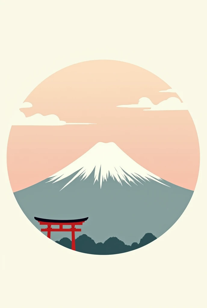 Generate a round shaped panel for a birthday with a Japan theme, the main object being a Torii and Mount Fuji, something very simple, Subtle. in drawing 