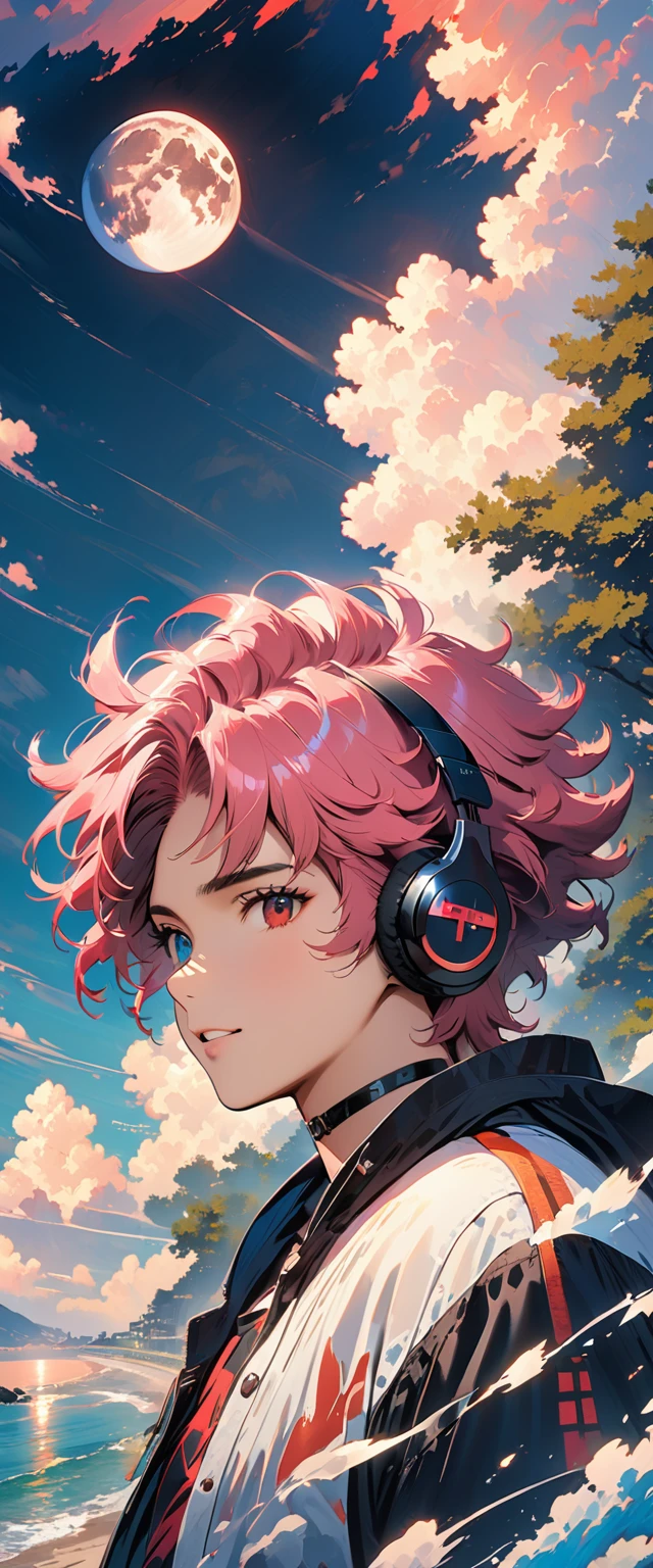 (extremely detailed CG unity 8k wallpaper), (best quality), (best illustration), (best shadow), realistic lighting, beautiful detailed reglow, masterpiece, best quality, lofi artstyle, lofi art, 80s anime style, Retro, Lofi, 1boy, Night, black choker, blue sky, choker, cloud, cross, day, heterochromia, hood, hood down, jacket, jewelry, long sleeves, looking at viewer, male focus, moon, outdoors, piercing, pink hair, short hair, sky, solo, vampire, virtual youtuber, Using Headphone, calm face, close eyes