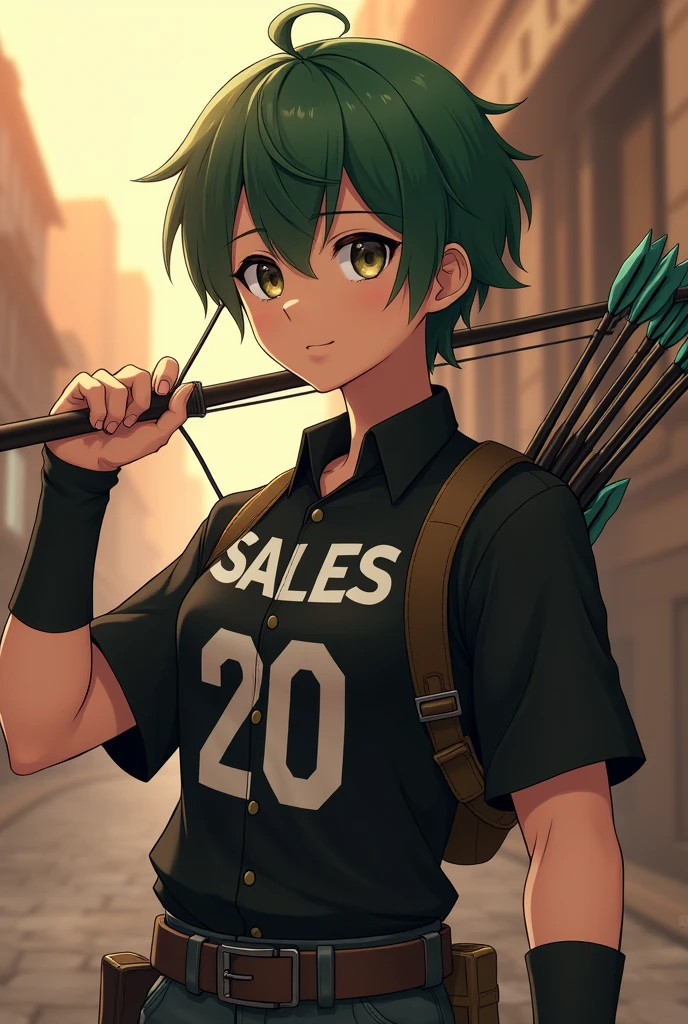 Anime theme, brown color, green military-style hair, black shirt with the name SALES 20 in capital letters and a hunter-style bow and arrow