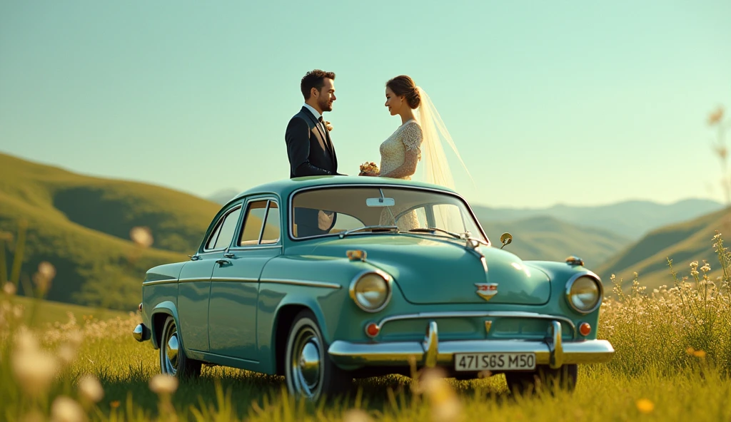 Man getting married on the back mirror of a car