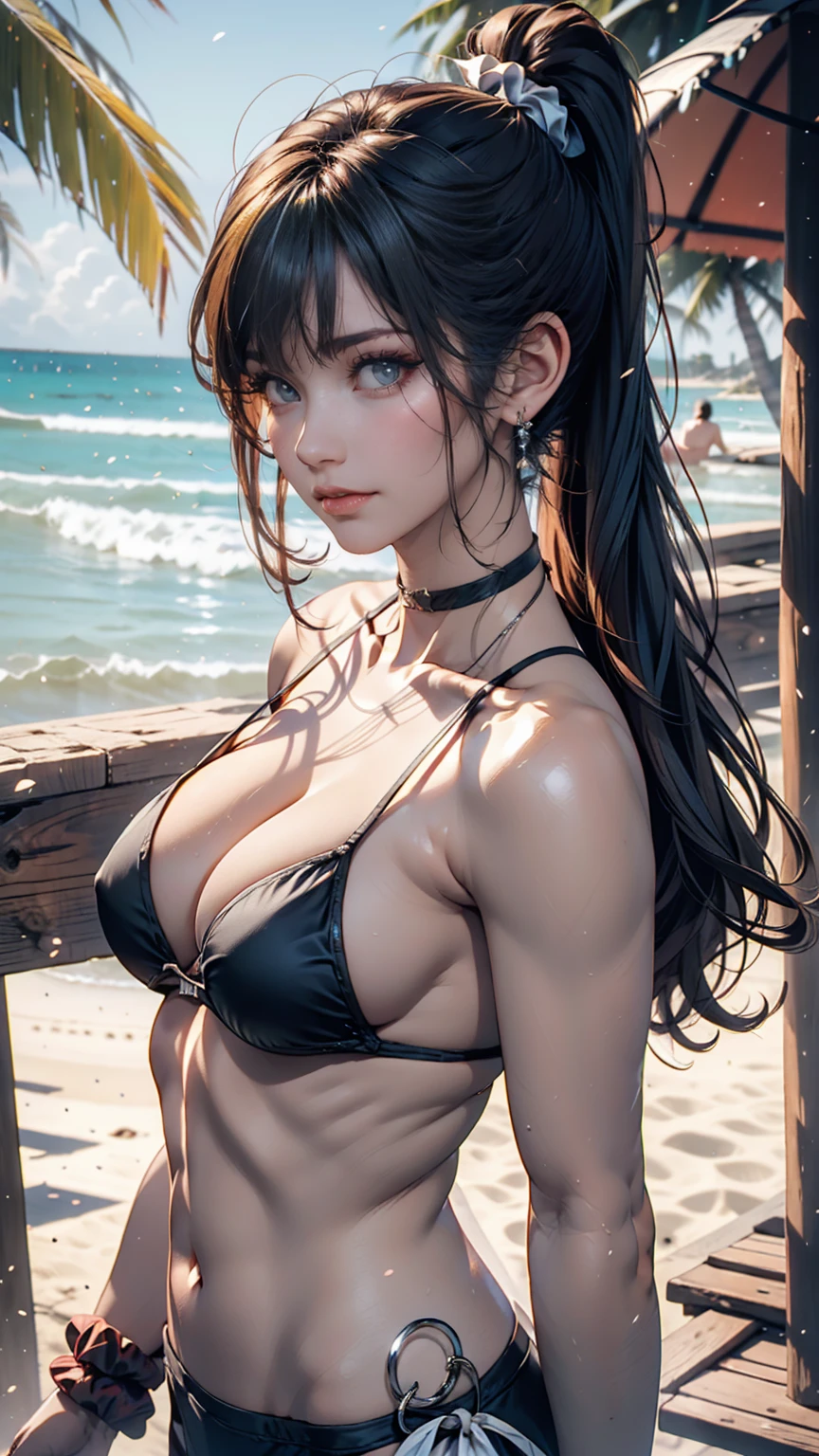 Beach、Bikini Tops、Pareo、Silver Hair、Side-swept chignon((good site))、choker、Beachサンダル、Scrunchies on the wrist