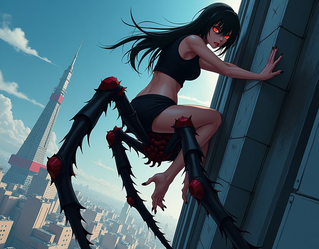 A full-body anime-style illustration of a female demon with her legs transformed into a spider's body, red eyes, and she's climbing a building, wearing a black tank top, and has long, straight, black hair with bangs. The background is Tokyo.