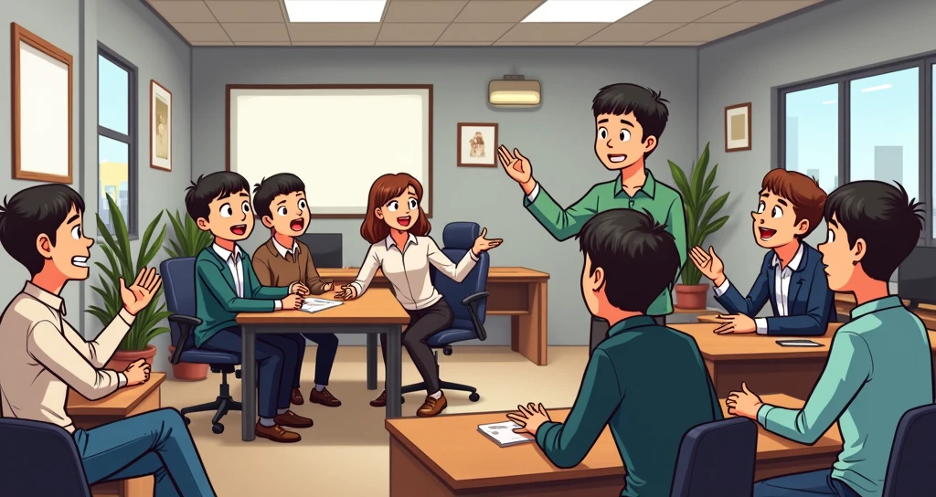 A group of people，Discussing things in the office，chibi 2d，Cartoon Style