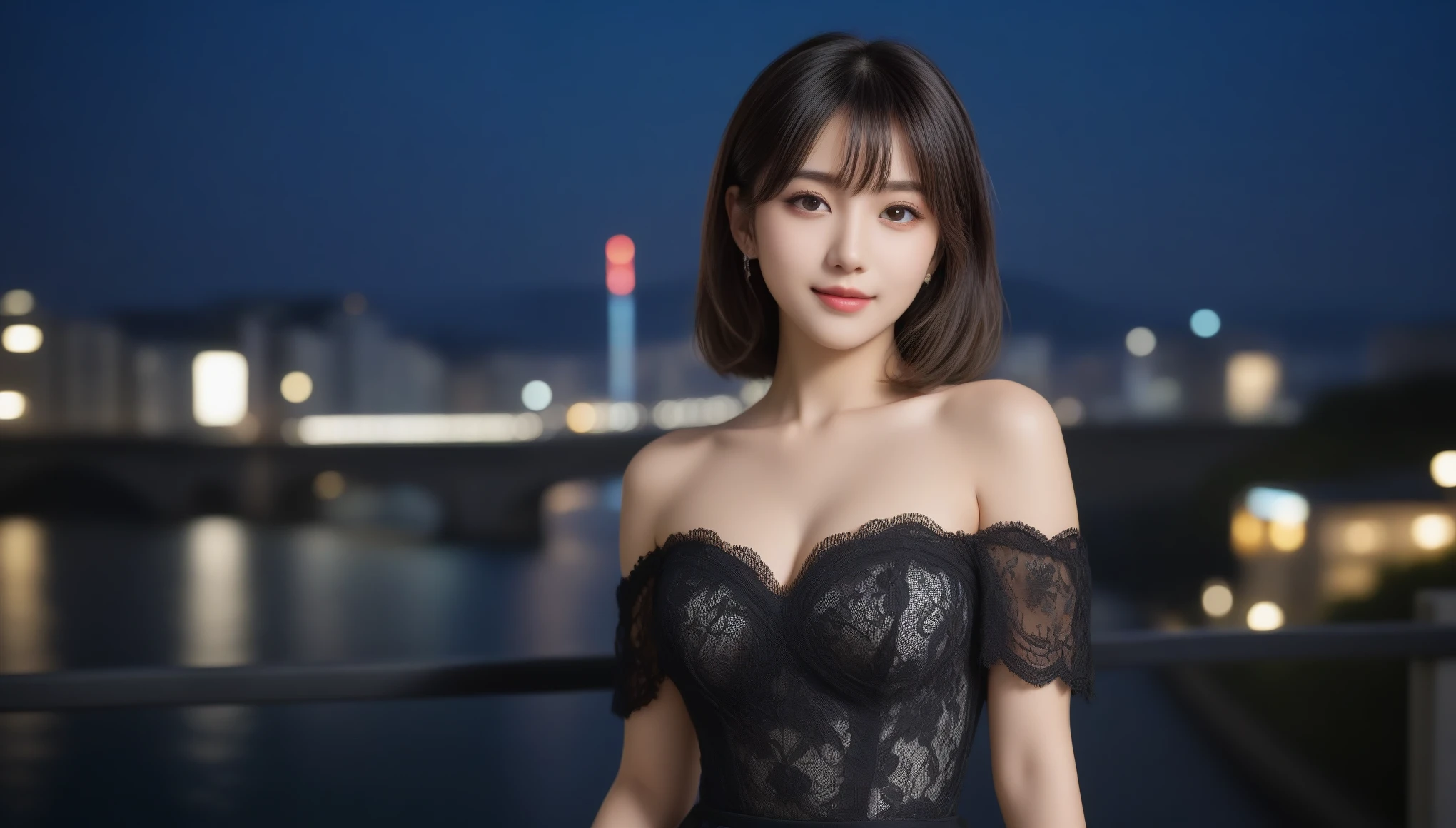 8k, Ultra-high resolution, Highest quality, masterpiece, 三分割法によるphotograph,Surreal, photograph, 1 , (:1.3), cute, cute顔, 細部までBeautiful Eyes, 細かくdetailedに,masterpiece,One Girl:1.2,Japanese women,Young Wife,cowboy shot,smile,Black hair,Bob with bangs,(Black lace evening dress:1.3),Pencil Skirt,bride,standing on a bridge,Buildings background,Woman Turning Around,Dazzling night view,(Beautiful attention to detail),Subtle details, detailedな顔, smile,attractive,(のポートレートphotograph:1.4),(Photorealistic images:1.4),Fantasy art,(Beautiful Face:1.4),美しくattractive目、Beautiful Eyes、(Tight waist:1.4)、(Beautiful with perfect body proportions:1.4),Pink Lips,Looking at the audience,(((Ideal body type))),A-cup small breasts :2,、Portraiture:2、Perfect Anatomy、鮮明なdetailed、detailed,Fashion magazine cover,Thin lips,完璧でBeautiful Face ,完璧でcute顔, Skin with attention to detail, Perfect limbs、Narrow waist,Surreal,Light and shadow,moonlight