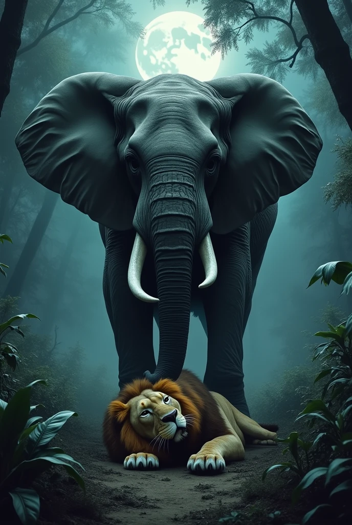 In a moonlit jungle, a lion lies dead on the ground. An elephant has both of its front paws on top of the lion, and both faces are facing forward.