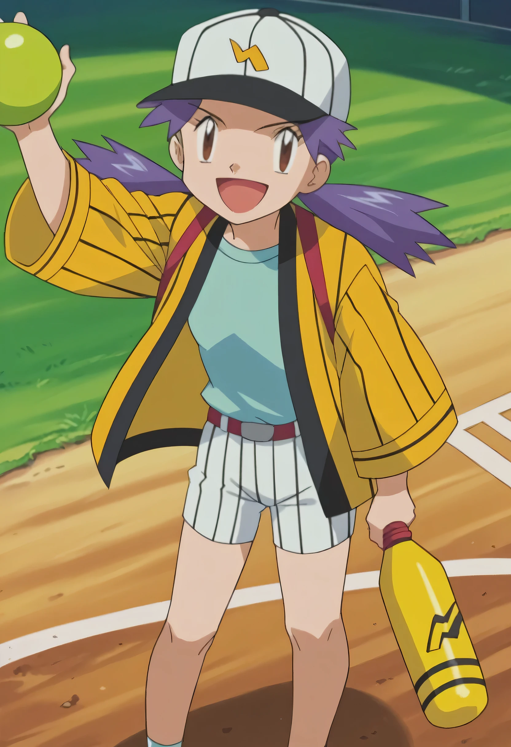 score_9, score_8_up, score_7_up, source_anime,zettai ryouiki,1girl,solo,casey \(pokemon\),brown eyes,purple hair,small breasts,bangs, shirt, hat, standing, jacket, white shirt, light smile, white shorts,yellow jacket,baseball cap,white cap,happy,full body,in village,baseball cleats,