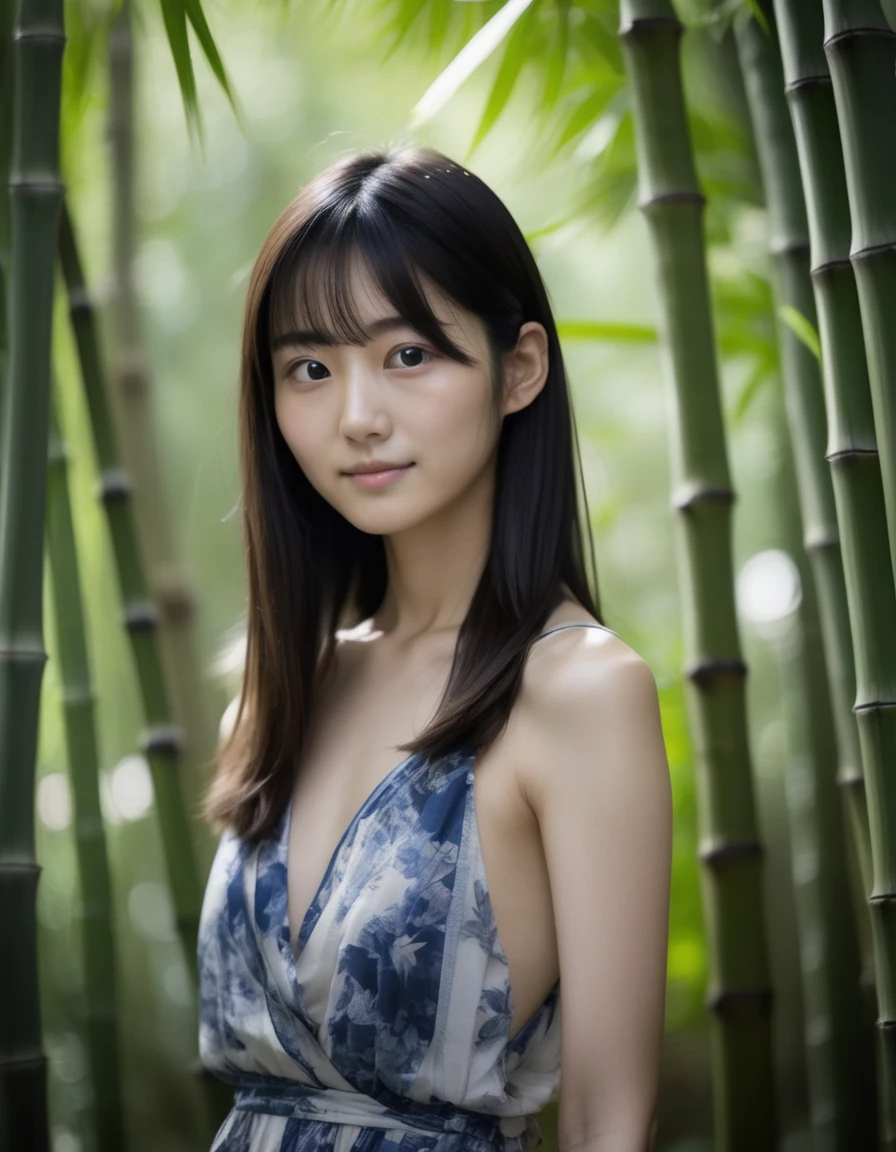 jpn-girl, Beautiful face, professionally taken portrait photography (Glossy nude lips) had black eyes, Nikon Z9, Looking into the camera, Realistic matte skin, Very detailed, Skin texture is visible, 20th Generation,Woman in a dress,Blurred Background,
A quiet bamboo forest in Japan,
,
,