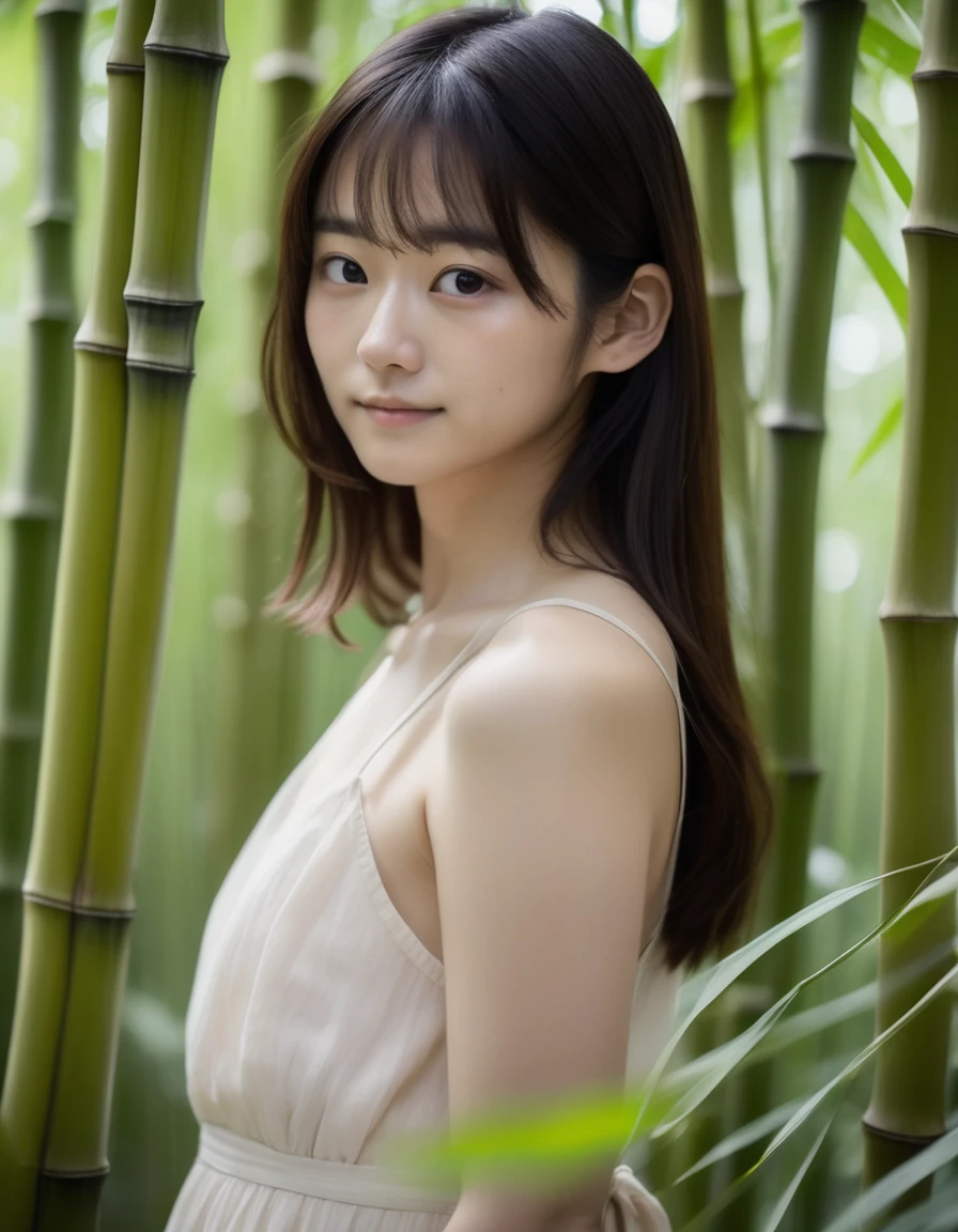 jpn-girl, Beautiful face, professionally taken portrait photography (Glossy nude lips) had black eyes, Nikon Z9, Looking into the camera, Realistic matte skin, Very detailed, Skin texture is visible, 20th Generation,Woman in a dress,Blurred Background, 
A quiet bamboo forest in Japan,
,
, 