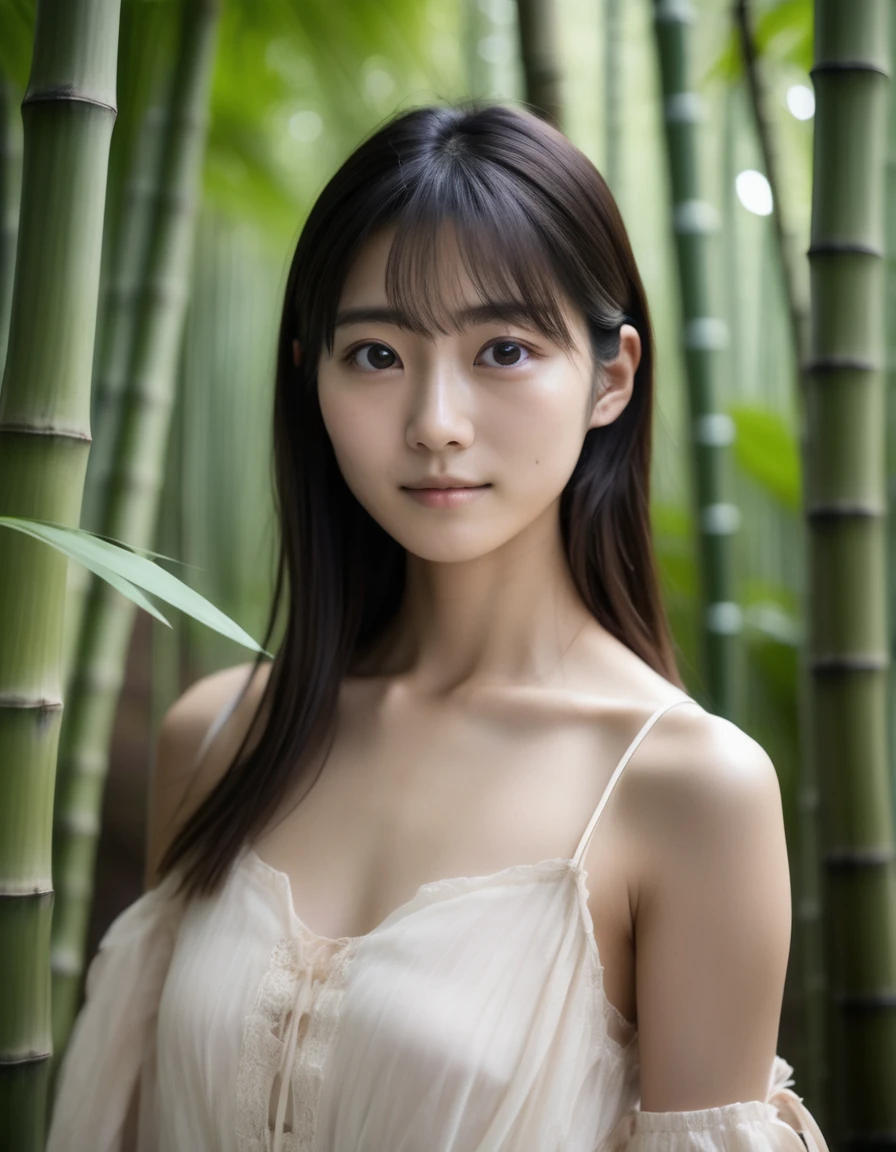 jpn-girl, Beautiful face, professionally taken portrait photography (Glossy nude lips) had black eyes, Nikon Z9, Looking into the camera, Realistic matte skin, Very detailed, Skin texture is visible, 20th Generation,Woman in a dress,Blurred Background,
A quiet bamboo forest in Japan,
,
,