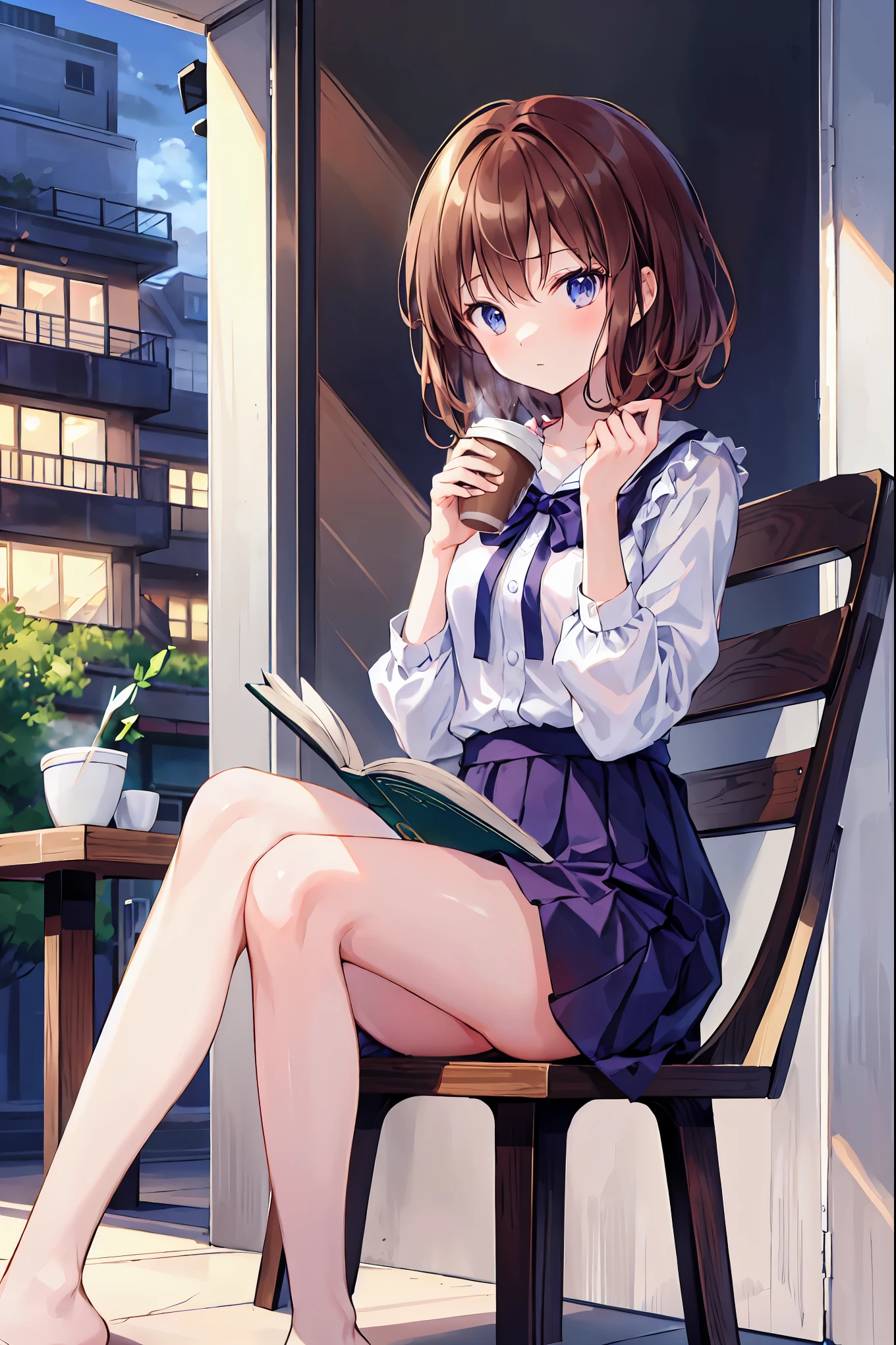 Anime-style illustration of studying in a city cafe。She sat in the window seat.、I am concentrating on reading while enjoying the view outside...。Pay attention to her expression、There is a sense of loneliness。The interior of the cafe is cozy、There is a coffee cup and a book on the table.。Outside you can see the city lights and distant buildings...。This scene、Expressing the diverse emotions of the city, Quietness too..Brown Hair，Shortcuts，Messy Hair，Slender beauty，Small box，Beautiful legs，Brown Hair，Shortcuts，Messy Hair，Slender beauty，A dignified posture，Small chest，Beautiful feet，