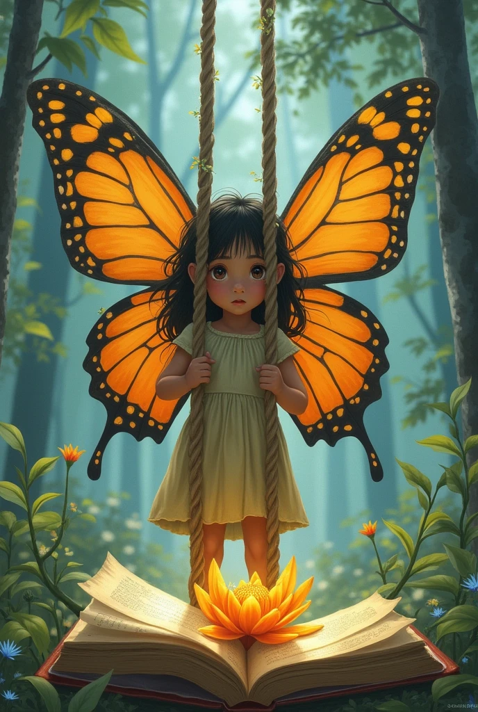 "Create an image of a poor  with butterfly wings who desires to fly high. Her feet are tied by a rope, with the other end held by an unidentified hand that resembles money. Although the hand gestures as if encouraging her to fly freely, it does not release the rope, preventing her from soaring. The girl aims to reach a flower shaped like a book in front of her. The image should highlight the contrast between her vibrant wings and the restrictive rope, capturing her struggle to achieve her aspiration."