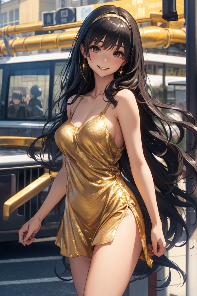 (masterpiece:1.3、Highest quality)、Ultra-high resolution、Super detailed、(Real、Photorealistic:1.4)、Beautiful illustrations、Perfect lighting、colorful、The depth of the boundary is written、Watching the viewer、(Face focus、Upper Body)、1 person、One person、high school girl、Sculpture model、、(Gold glitter micro mini dress、Gold glitter silk camisole dress、A dazzling golden dress、A dress with a large opening that exposes the breasts、Beautiful breasts、Beautiful thighs)、(Beautiful breasts:0.8、delicate、slim、、Beautiful thighs)、(Black long hair、Black straight long hair、Golden Hair Band)、bangs、編み込みbangs、Droopy eyes、Open lips、Shiny skin、Beautiful Hair、Beautiful Face、Highly detailed face、Detailed and beautiful eyes、Beautiful clavicle、Beautiful body、Beautiful breasts、Beautiful thighs、Beautiful legs、Beautiful fingers、(Fine cloth texture、 （Captivating smile）、In front of the station
