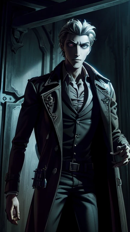 (1boy, John Constantine), (extremely detailed CG unit 8k wallpaper),(master part), (best quality), (ultra detail), (best illustration),(TimBurton Animation), cowboy shot, (Sharp eyeliner, ombre, detail eyes), dark dungeon interiors background, ,break , (vamptech), camisa, trenchcoat