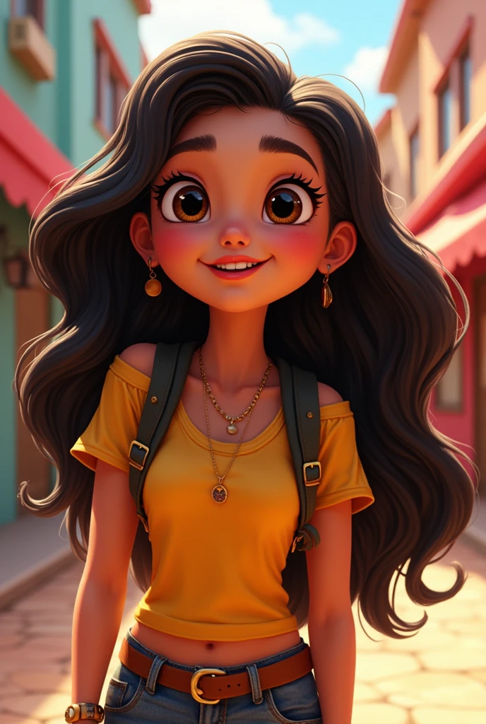 Create a Disney Pixar style character, a 19 year old girl, Bullish, curtain, wavy hair half curly, long black half brown, eyes the black ones, slightly plump lips