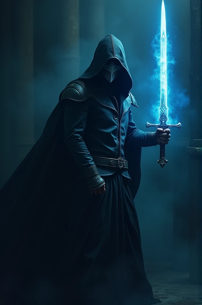 

"A mysterious assassin stands shrouded in darkness, clad in black leather armor, gripping a sleek sword that radiates an ethereal blue glow, illuminating the surrounding shadows, as the blade's razor-sharp edge seems to hum with an otherworldly energy, casting an eerie light on the assassin's masked face."

