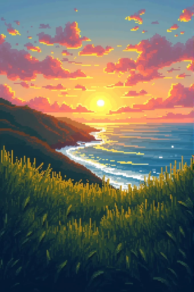 Grass sea and sunset landscape 9:16 ratio pixelated