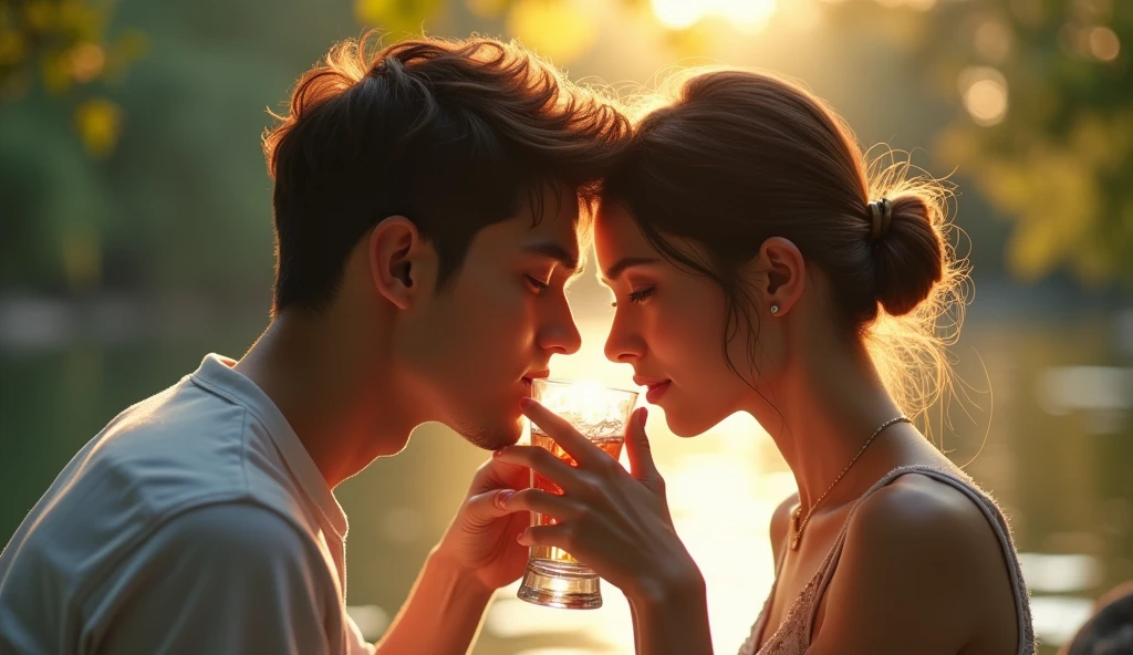 lover , sweetheart , Male and female , Drink water from the same glass