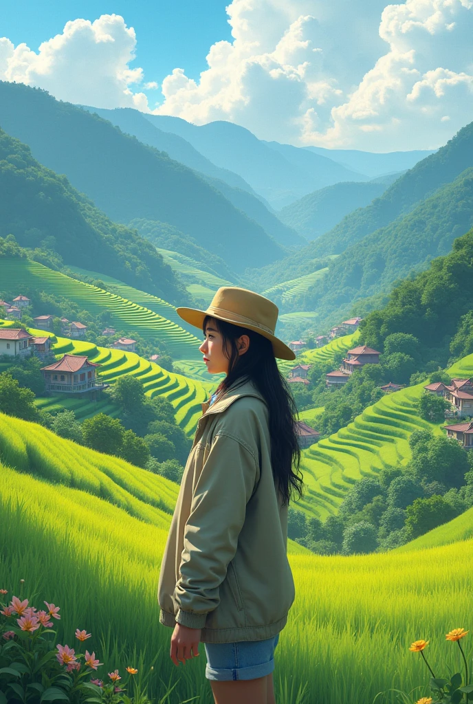 (absurdres, highres, ultra detailed, beautiful, masterpiece, best quality, )1 girl , half body shot, BREAK Terraced rice fields, rural villages, green landscapes, traditional farming, mountainous backdrops, peaceful atmosphere, BREAK Comfortable clothing, hat, sunscreen, light jacket,