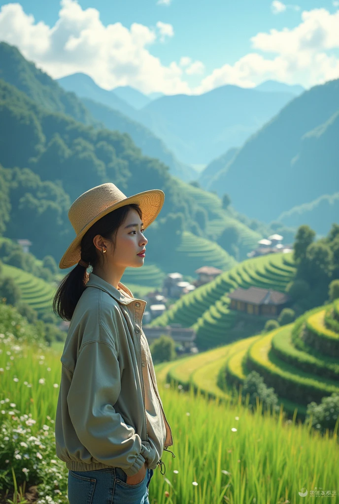 (absurdres, highres, ultra detailed, beautiful, masterpiece, best quality, )1 girl , half body shot, BREAK Terraced rice fields, rural villages, green landscapes, traditional farming, mountainous backdrops, peaceful atmosphere, BREAK Comfortable clothing, hat, sunscreen, light jacket,