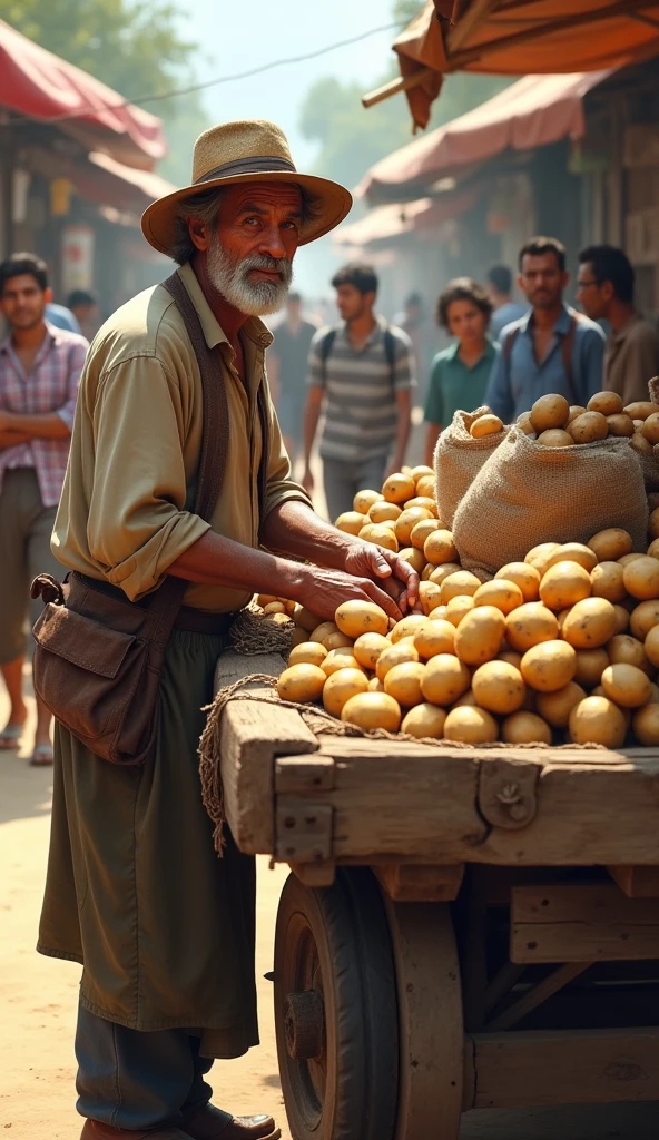 "A busy street market scene, with a local vendor standing next to his sturdy wooden cart filled with piles of fresh, earthy potatoes. The vendor, a middle-aged man, is dressed in traditional clothing, with a weathered face that shows years of experience. His cart, slightly worn from use, is stacked with various sizes of potatoes, some spilling out of rustic jute sacks. Around him, a few customers—ordinary men and women—are gathered, inspecting the potatoes and chatting with the vendor. The atmosphere feels lively but grounded, with other nearby market stalls and people walking by in the background, contributing to the vibrant yet authentic market vibe. The lighting is natural, capturing the texture of the potatoes, the vendor’s expression, and the simple yet realistic setting of a bustling local street market."