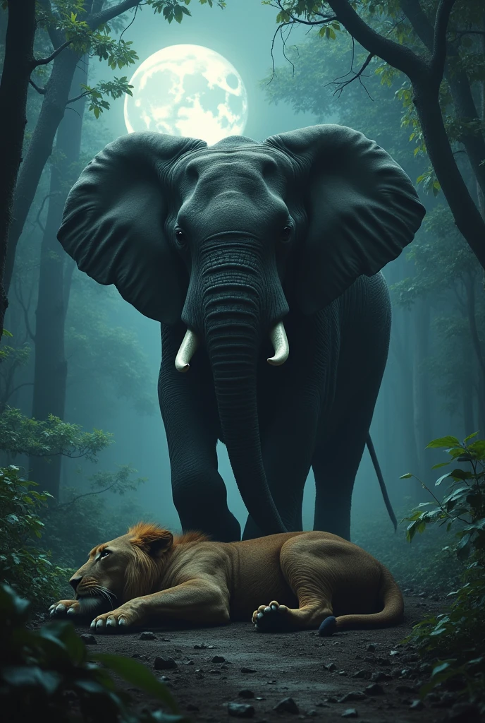 In a moonlit jungle, a lion lies dead on the ground. An elephant has both of its front paws on top of the lion, and both faces are facing forward.