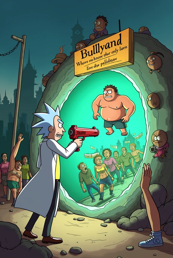 scene: - Characters: A character similar to Rick, with his trademark lab coat and a disdainful expression, Aims his portal gun at a typical thug (big and tough) that is bullying someone. Instead of a normal portal, What appears is a giant vortex that sucks the bully into a "planet of thugs" where all the inhabitants are cartoonish and ridiculous versions of himself, Caught in absurd and ridiculous situations. - Dialogue or text in Spanish: About the portal, A sarcastic sign says: "Welcome to Bullyland, where the only law is to be pathetic".