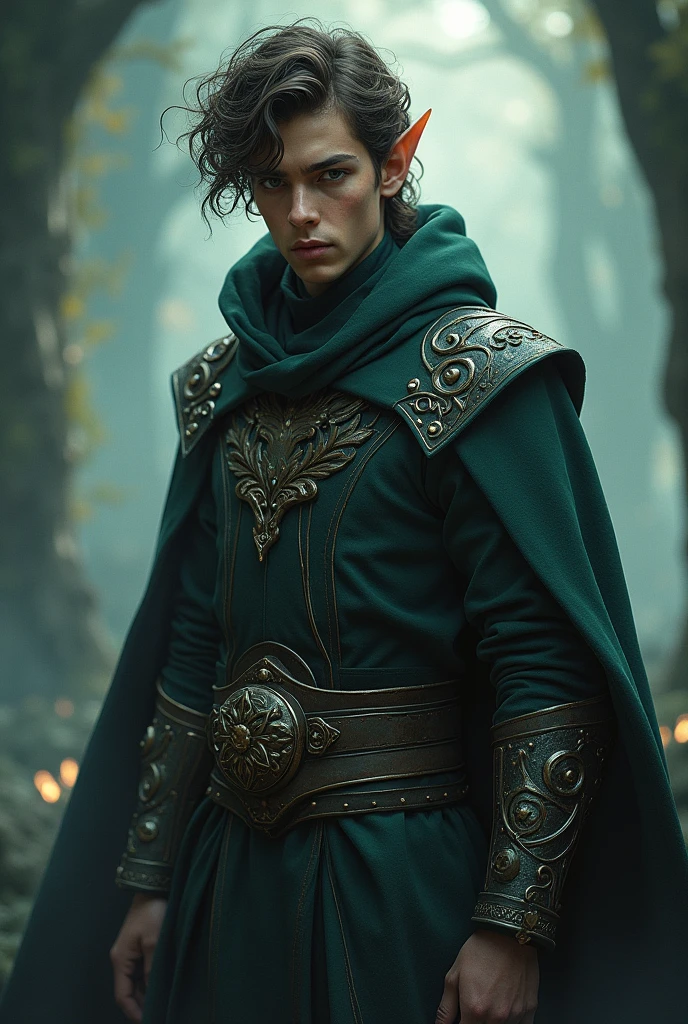 ((best quality)), ((masterpiece)), (detailed), elf, man, powerful, warlock, curly hair, novice, noble