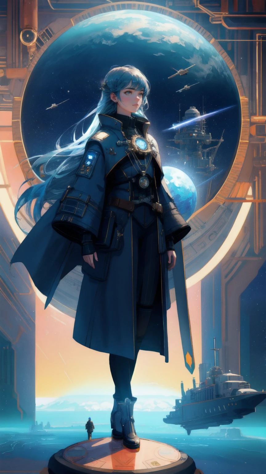 Show a majestic scene on the 'Early Adopter's Cruiser' featuring a beautiful, futuristic girl standing confidently amidst a complex, steampunk-inspired space station. The background should be a deep blue sky filled with planets and futuristic airships, reflecting a pioneering spirit and the grandeur of exploration. Incorporate elements of Bitcoin subtly spreading throughout the scene to symbolize innovation and progress.