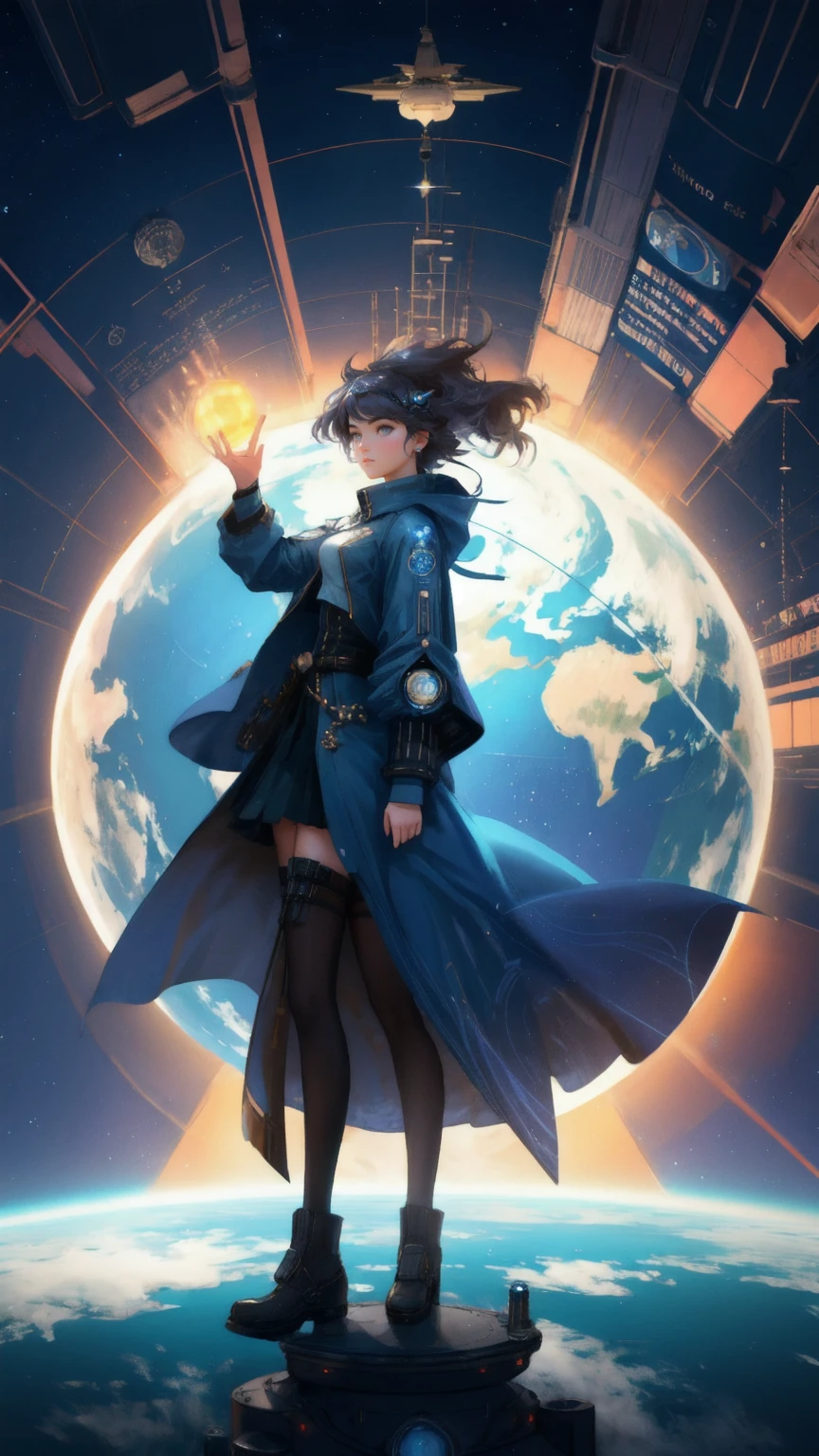 Show a majestic scene on the 'Early Adopter's Cruiser' featuring a beautiful, futuristic girl standing confidently amidst a complex, steampunk-inspired space station. The background should be a deep blue sky filled with planets and futuristic airships, reflecting a pioneering spirit and the grandeur of exploration. Incorporate elements of Bitcoin subtly spreading throughout the scene to symbolize innovation and progress.