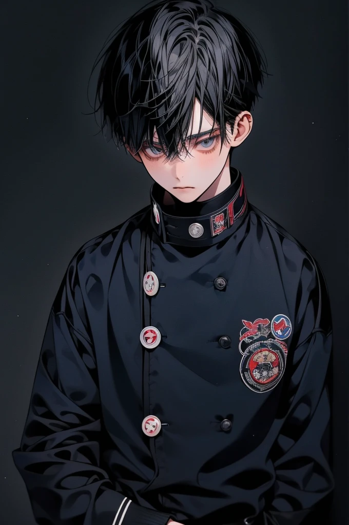 17-year-old Japanese high school boy, short black messy hair, cool expression, wearing a standard plain navy blue or black gakuran (Japanese male school uniform) with standing collar and simple metal buttons, no decorations or badges, standing in a school hallway, realistic anime style consistent with the other two characters