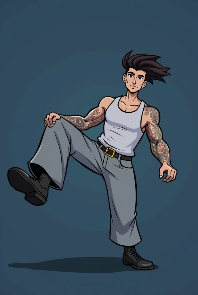 cartoon man with big, wide pants, , in a sleeveless tank top with tattoos