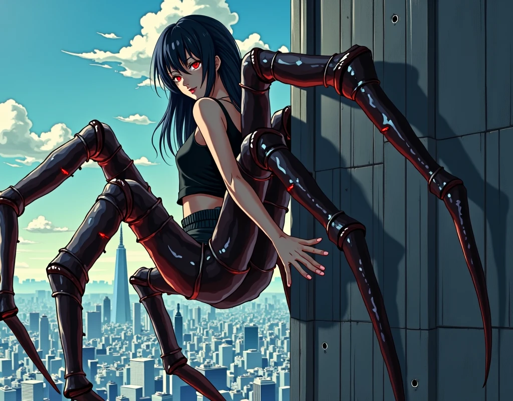 A full-body anime-style illustration of a female demon with her legs transformed into a spider's body, red eyes, and she's climbing a building, wearing a black tank top, and has long, straight, black hair with bangs. The background is Tokyo.