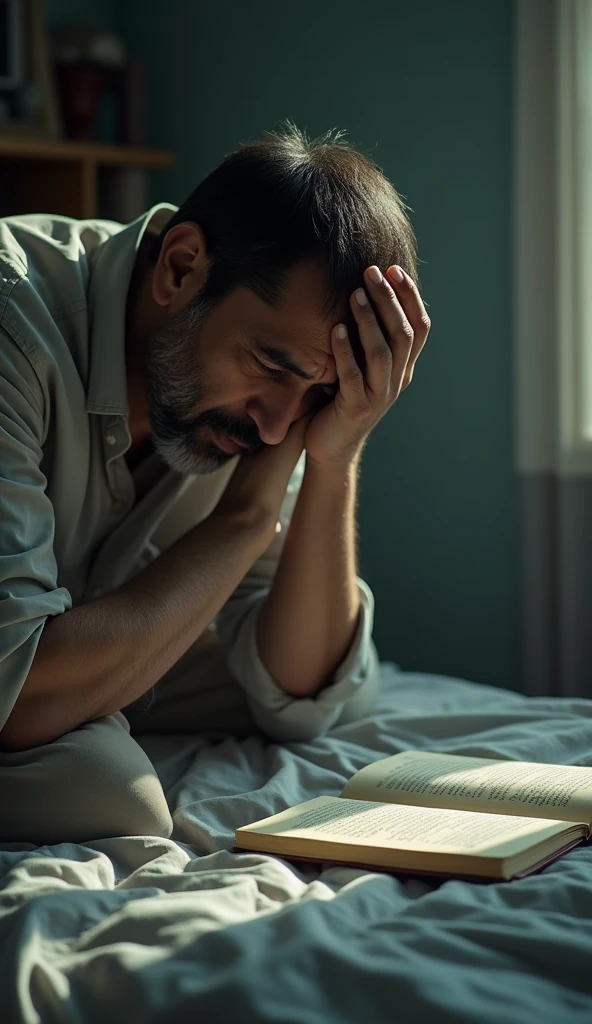 Vijay standing on his bed holding his head in despair after losing his job,the diary lying open next to him on the bed reflecting his turmoil
