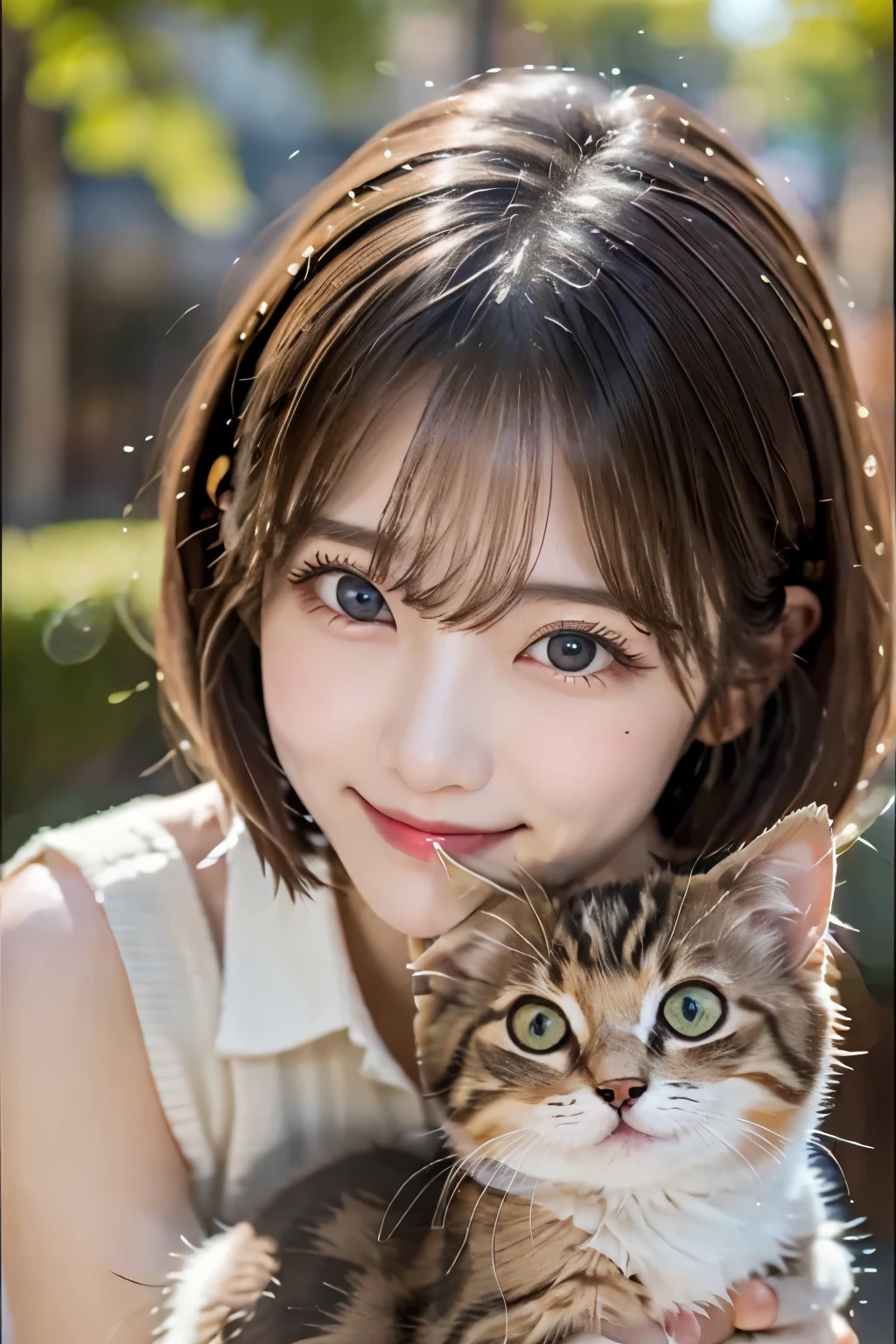 ((Highest quality)), ((masterpiece)), (detailed), ((Highest quality))、Perfect Face, Japanese、2、woman、smile、Light Brown Hair、Perfect Anatomy、Anatomically correct body、White collared shirt、((blue sky))、Fat kittenを抱っこしている、((Kissing a kitten))、((Looking at the kitten she is holding))、Cute kitten,High definition cat、Fat kitten、