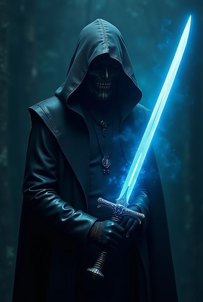 "A mysterious assassin stands shrouded in darkness, clad in black leather armor, gripping a sleek sword that radiates an ethereal blue glow, illuminating the surrounding shadows, as the blade's razor-sharp edge seems to hum with an otherworldly energy, casting an eerie light on the assassin's masked face."
