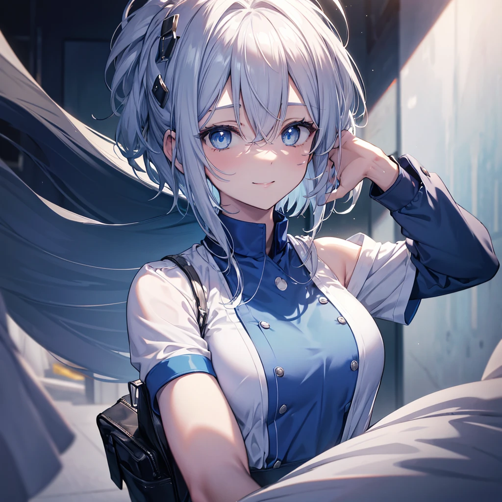 wear scrubs, White or pale blue scrub clothing, a beautiful detailed portrait of a shoulder length hair nurse aide, with no hat, large breasts, in an anime style, high resolution, photorealistic, dramatic chiaroscuro lighting, intricate details, ominous aura, beautiful blue eyes, beautiful silver hair, short bob cut, sharp facial features, strong presence, smile, I'm not wearing anything on my head, Hide your chest with your clothes.