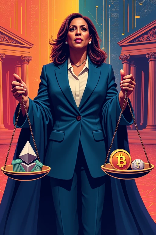 Digital illustration of Kamala Harris as Lady Justice, eyes uncovered, holding a large scale. On one side of the scale are cryptocurrency symbols (Bitcoin, Ethereum, etc.) and on the other side are traditional finance symbols (dollar sign, bank building). Harris wears her usual suit but with Lady Justice's robe draped over it. The background is split between a digital circuit board pattern and a traditional courthouse facade. Use bold, contrasting colors to make it pop on social media.