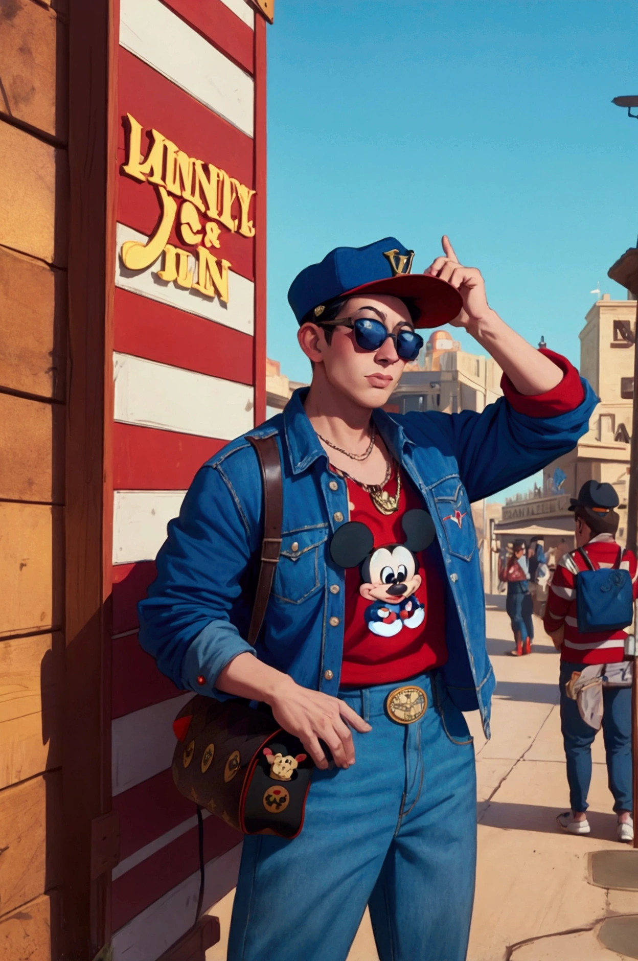 Mickey mouse wearing a blue and red American patriot hat, holding a can of Campbell and wearing Louis Vuitton sunglasses
