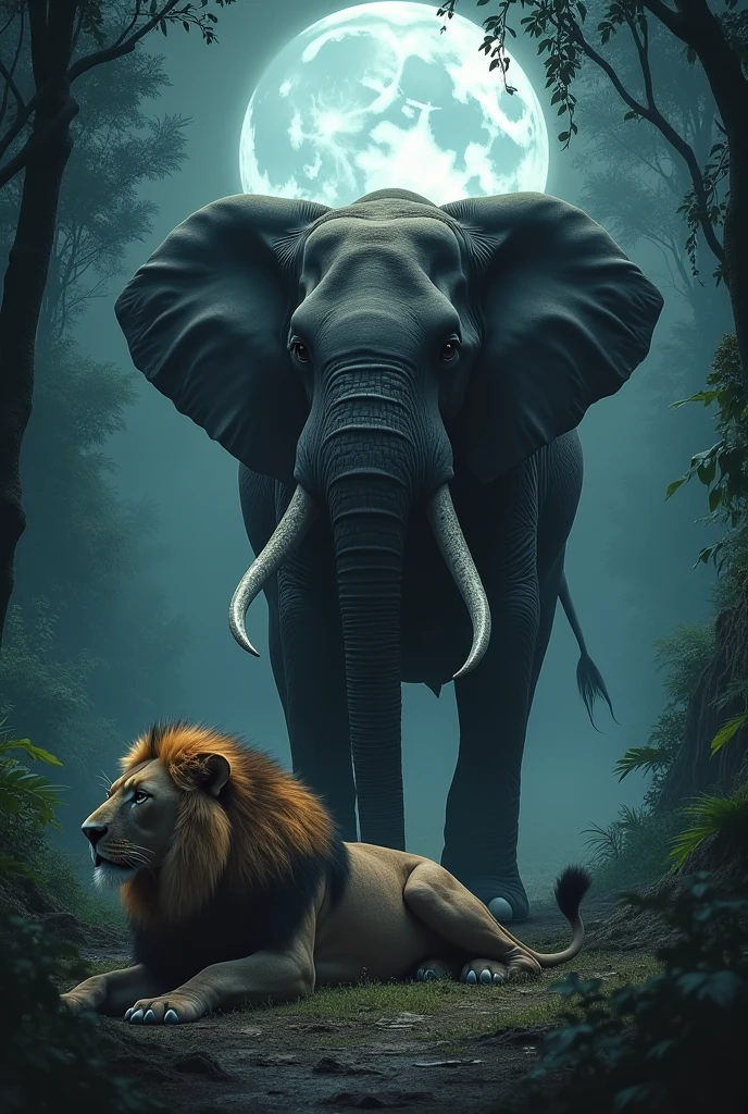In a moonlit jungle, a lion lies dead on the ground. An elephant has both of its front paws on top of the lion, and both faces are facing forward.