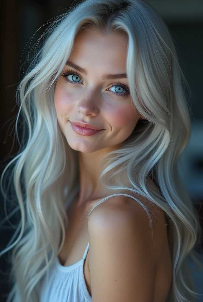 1 girl, alone, ​masterpiece, Best_Quality, Foto-Shooting, look into the camera, Silver hair, Hair over the shoulder, Long hair, deep blue eyes, nice smile, 85mm, Canon, uhd, anatomically correct, textured skin, Super Detail, 8k