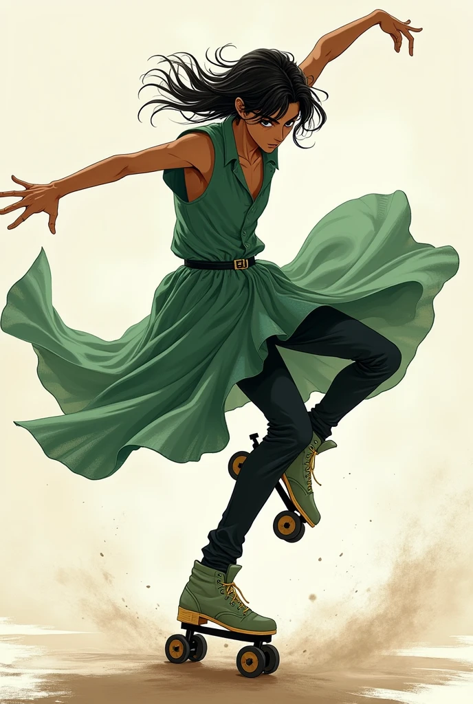 Personnage manga, adolescent, peau noir, cheuveux tressé long, veste verte , danseur en roller