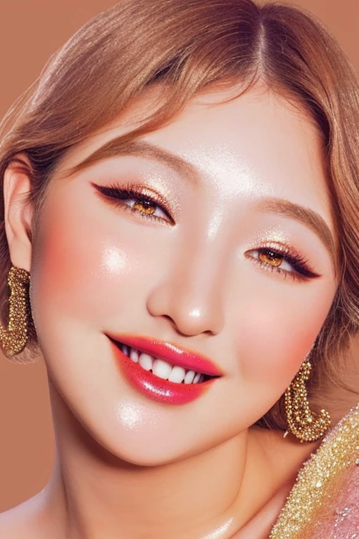 1 girl, close up shot, chubby face, healthy , detailed face, cute face, peach skin tone, blush red cheeks, light smile, cute makeup, heavy makeup, long eyelashes, long eyeliner, golden glitter eyeshadow, heavy eyeshadow, glossy pink lipstick, dark pink, glossy lips, heavy makeup