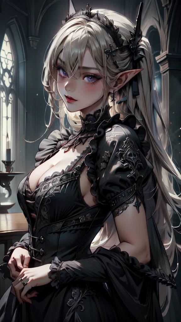 ((masterpiece )), (Highest quality), (Highest quality), ((Very detailed, 8K quality)), aesthetics, Volumetric lighting, (Detailed line drawing),
break,
Very detailed ( Dark Elf), (One person), Perfect Face, Details, Blunt bangs, (Hair between the eyes), Blonde gray hair, Purple eyes, eyelash, eye shadow, pink eye shadow, A light smile, Design art by Artgerm, by Kawashi, By Yoshitaka Amano,、地上に降りた悪魔
break,
Portraiture, French maid dressed in French maid uniform, Victorian Goth Maid, Head ornament, indoor, ((Antique Victorian Mansion)), Dusty, It's dim, Candle Holder, Covered in spider webs, Cowboy Shot, Dynamic Angle, Side table, Dangling your legs, Glare, Grin, View your viewers, Place your chin on your hand, (Graphic Background, (Plain background)), Correct Anatomy, amano yoshitaka, Webbed Tech, A blurry, organic web, eroguronansensu, Horror, Goat, Gothic art style,
break,
((Perfect Anatomy)), Nice body, Mid-chest, Very detailed指, The best move, Perfect Face, Beautiful Face, Beautiful Eyes, Perfect Eyes, Perfect Fingers, (Dark Skin)
