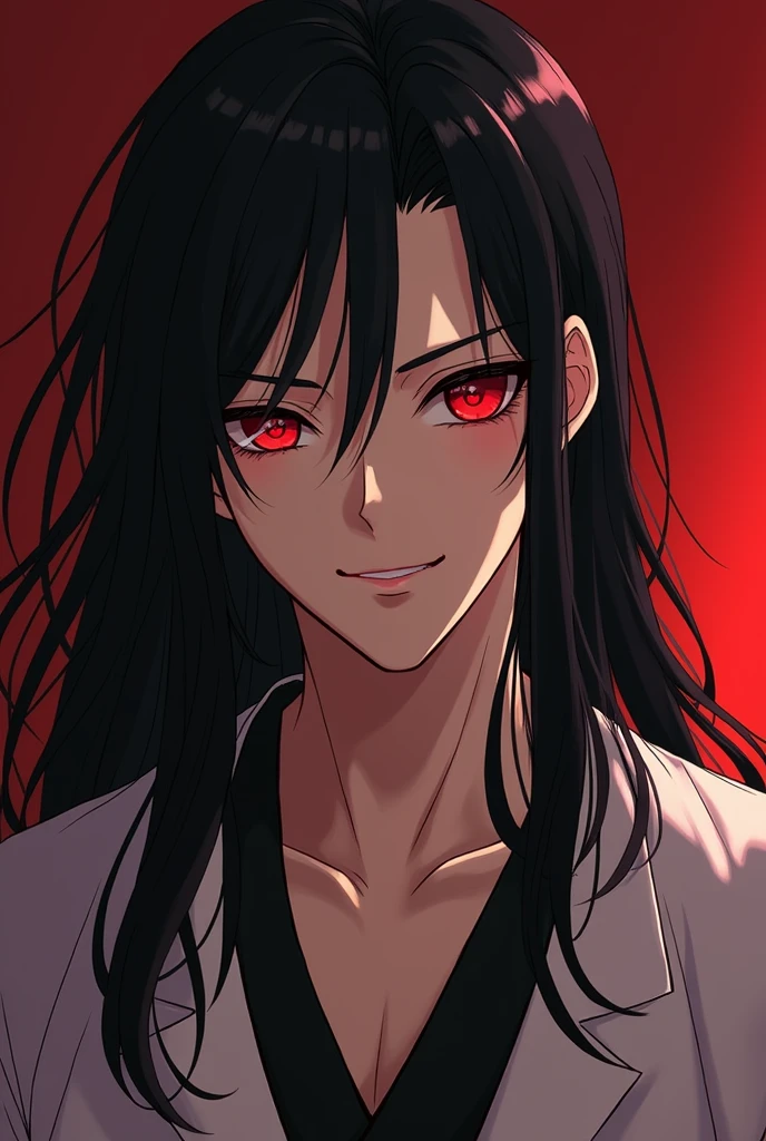 Japanese man with black long hair, seductive red eyes, with a cheeky smirk