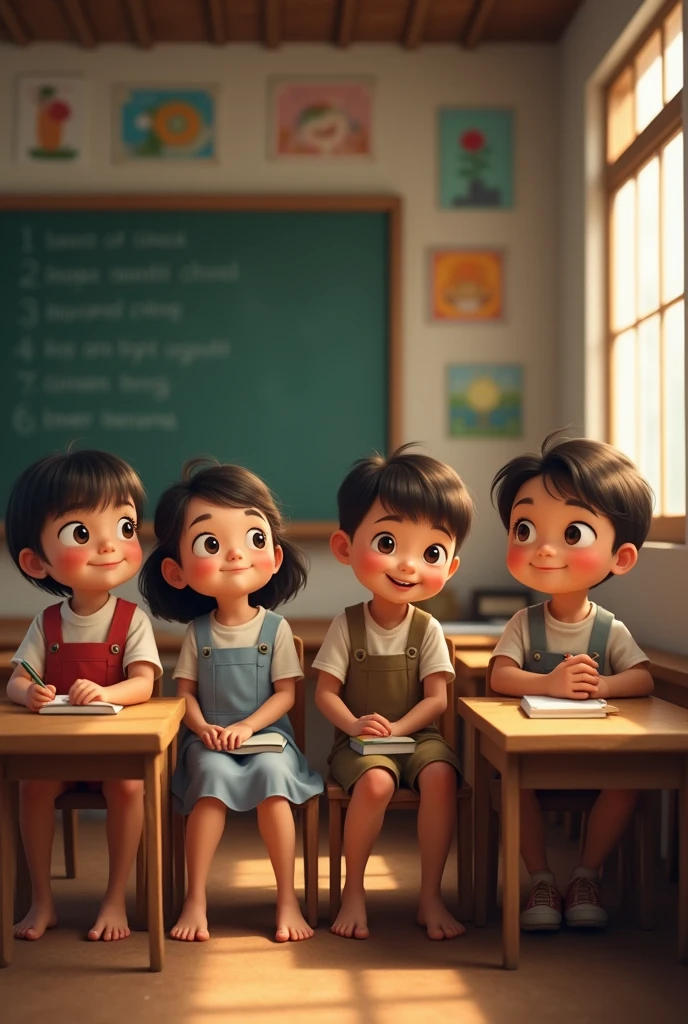 ગામડા ના બાળકો નિશાળ માં ભાનવ જાય છે
આ ચાર બાળકો નિશાળ ની વર્ગખંડ માં ભાનાત હોય છે
